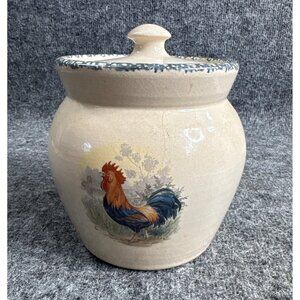 Vintage Handcrafted Rooster Design Stoneware Cookie Jar With Lid